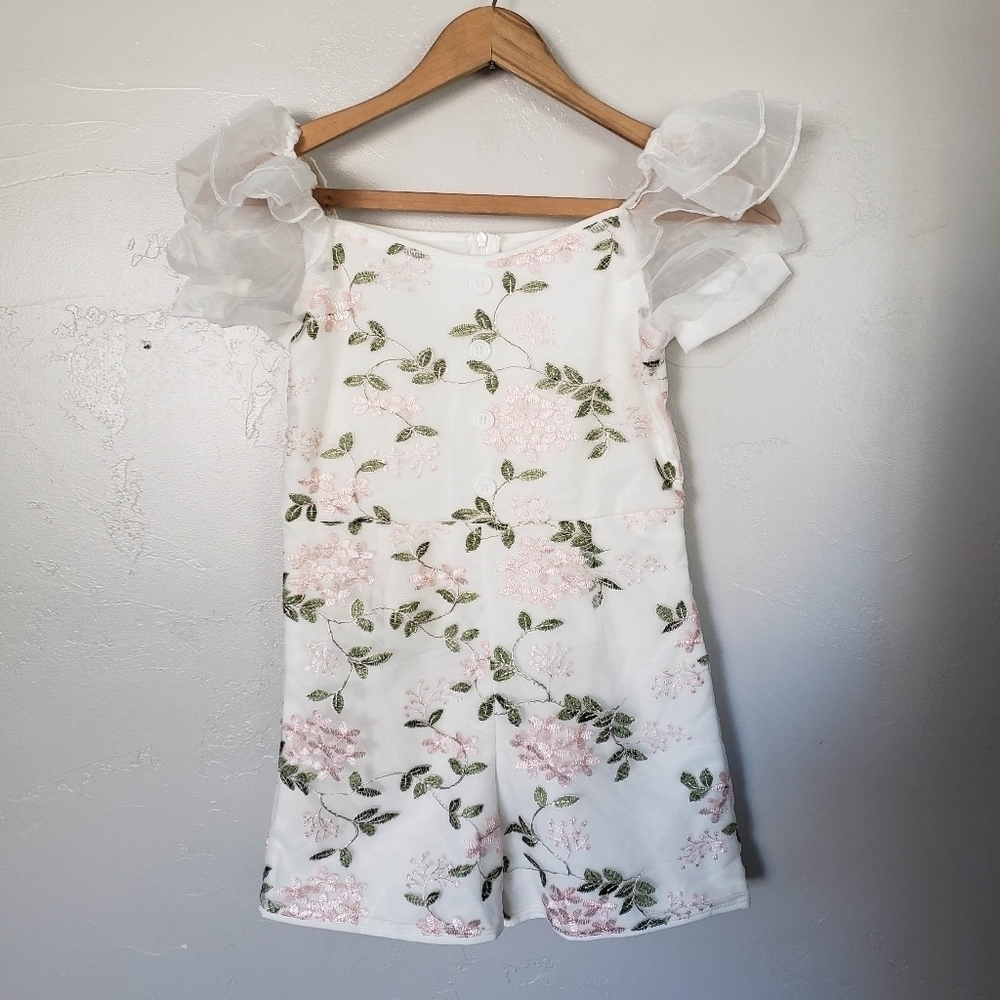 Shein Girls Youth 10 Romper White Organza Pink Flowers Leaf Embroidery Ruffle